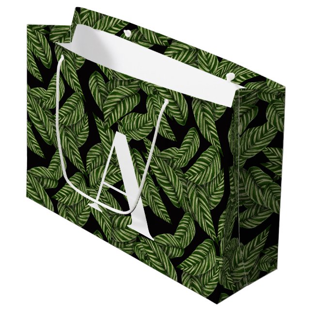 Modern Tropical Leaf Palm Plant Print Monogram  Large Gift Bag (Front Angled)