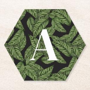 Modern Tropical Leaf Palm Plant Print Monogram Paper Coaster
