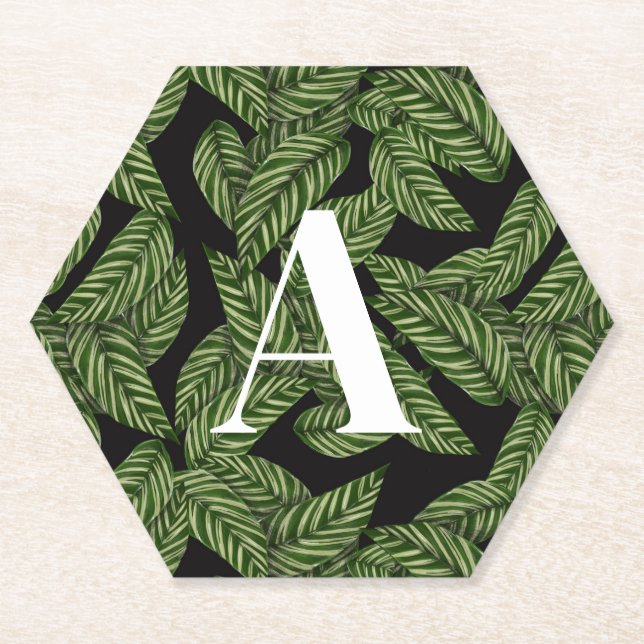 Modern Tropical Leaf Palm Plant Print Monogram  Paper Coaster (Front)