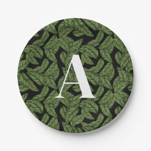 Modern Tropical Leaf Palm Plant Print Monogram Paper Plate