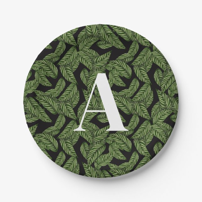 Modern Tropical Leaf Palm Plant Print Monogram  Paper Plate (Front)