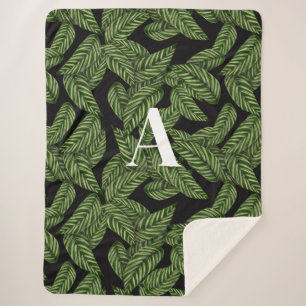 Modern Tropical Leaf Palm Plant Print Monogram Sherpa Blanket