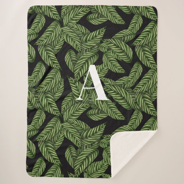 Modern Tropical Leaf Palm Plant Print Monogram  Sherpa Blanket (Front)
