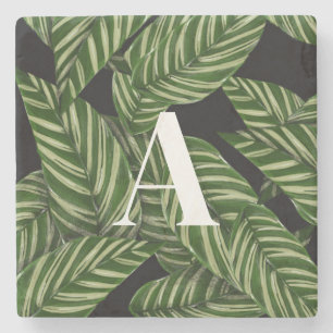 Modern Tropical Leaf Palm Plant Print Monogram Stone Coaster