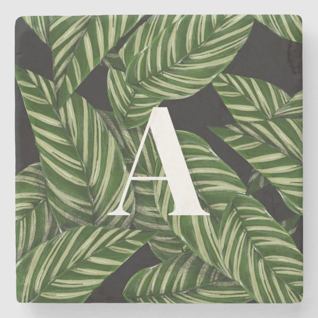 Modern Tropical Leaf Palm Plant Print Monogram  Stone Coaster (Front)