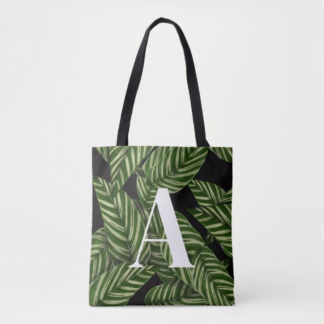 Modern Tropical Leaf Palm Plant Print Monogram  Tote Bag (Front)