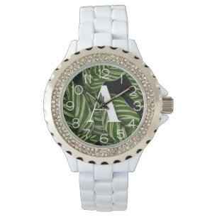 Modern Tropical Leaf Palm Plant Print Monogram Watch