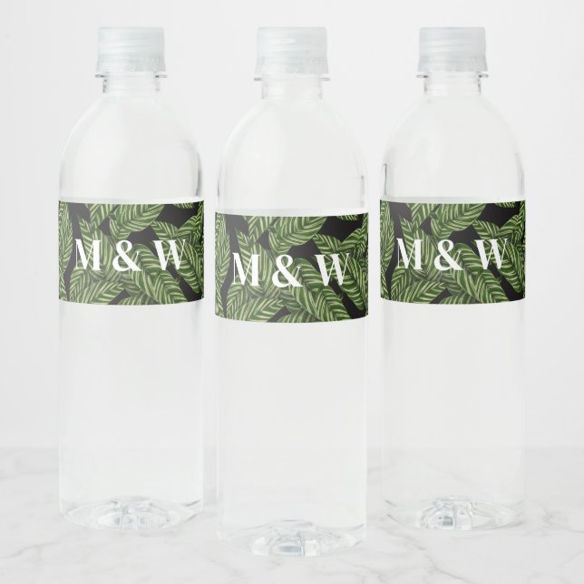 Modern Tropical Leaf Palm Plant Print Monogram  Water Bottle Label (Bottles)