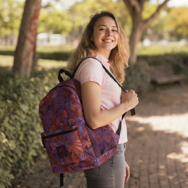 Modern Tropical Leaf Red Purple Monogram Design Printed Backpack (Printed unisex backpack with a modern tropical leaf red purple monogram design. Personalized option.)