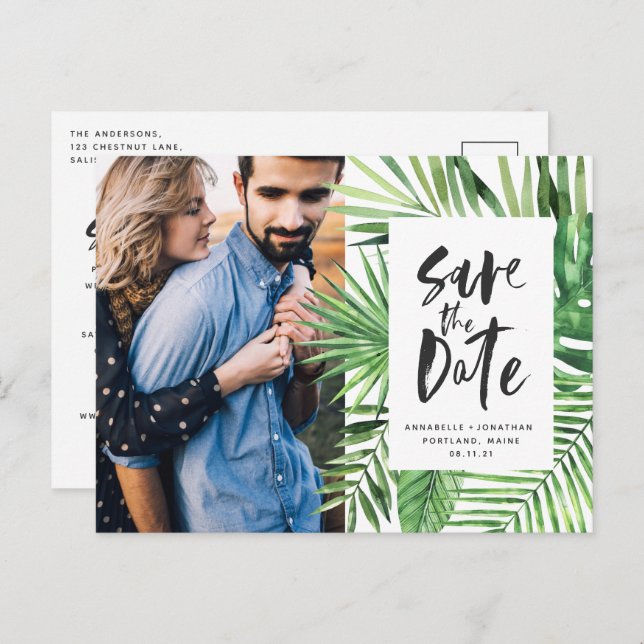 Modern tropical leaf script stylish wedding photo  invitation postcard (Front/Back)