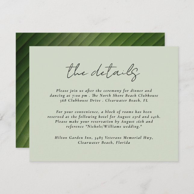 Modern Tropical Leaf Wedding Details  Enclosure Card (Front/Back)