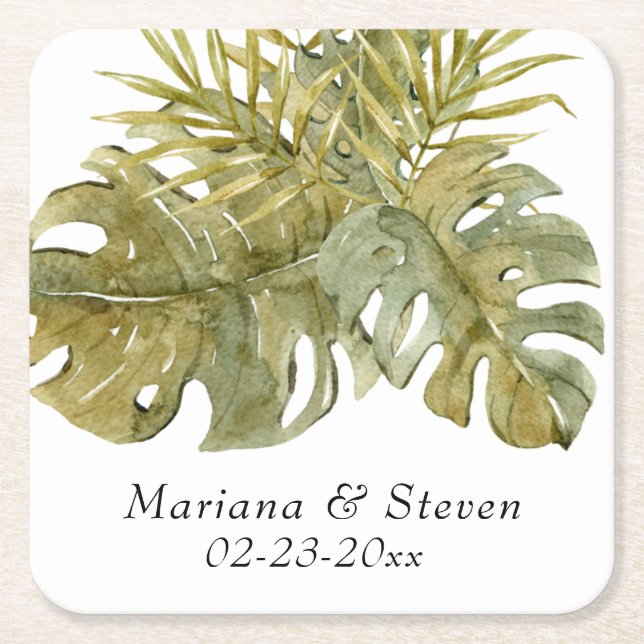 Modern Tropical Leaves Dried Palm Wedding Square Paper Coaster (Front)