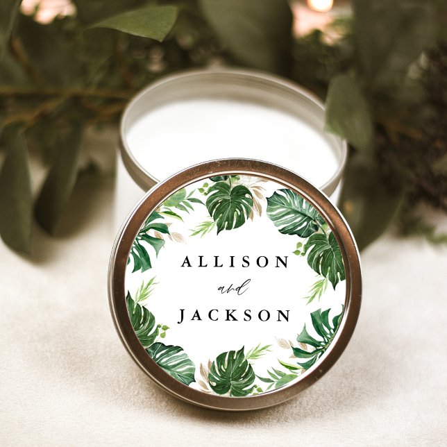 Modern Tropical Leaves Gold Personalised Wedding Classic Round Sticker (Creator Uploaded)