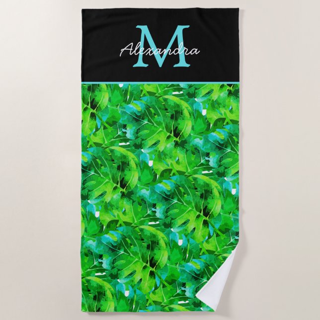 Modern Tropical Leaves Green Teal Blue Black  Beach Towel (Front)