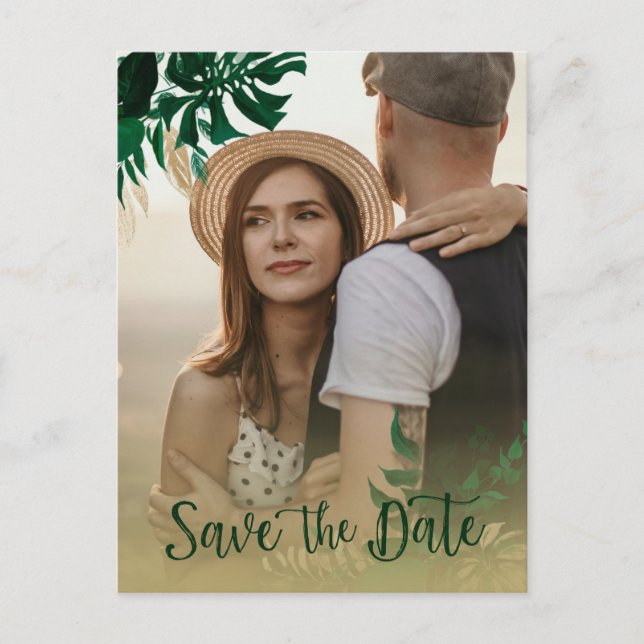 Modern Tropical Leaves Photo Wedding Save the Date Announcement Postcard (Front)