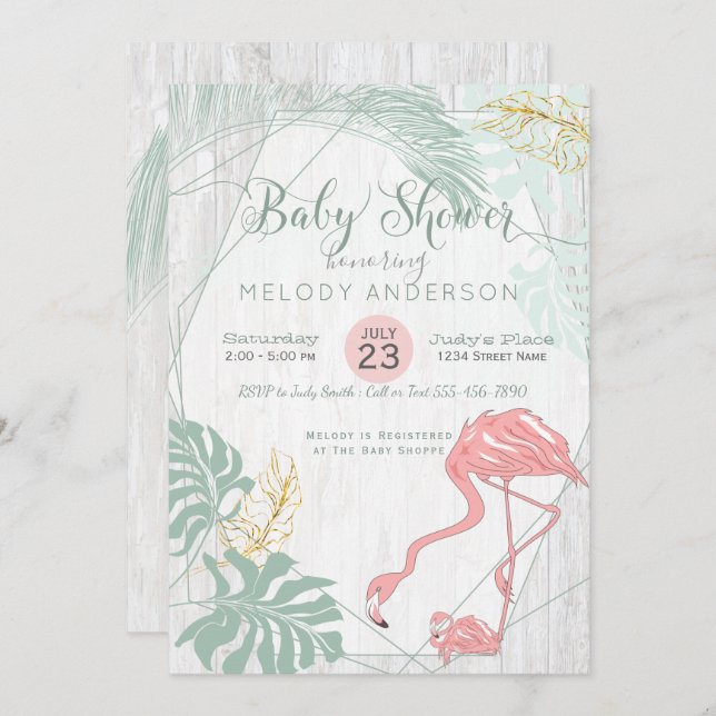 Modern Tropical Leaves Pink Flamingo Baby Shower Invitation (Front/Back)