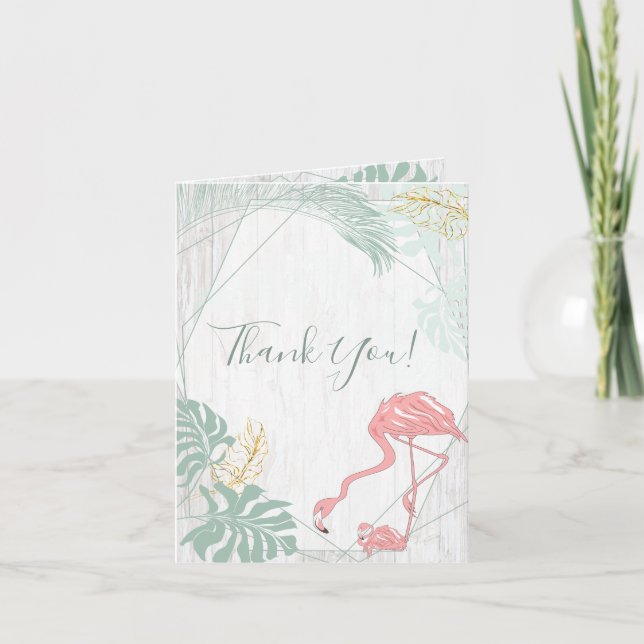 Modern Tropical Leaves Pink Flamingo Thank you Card (Front)