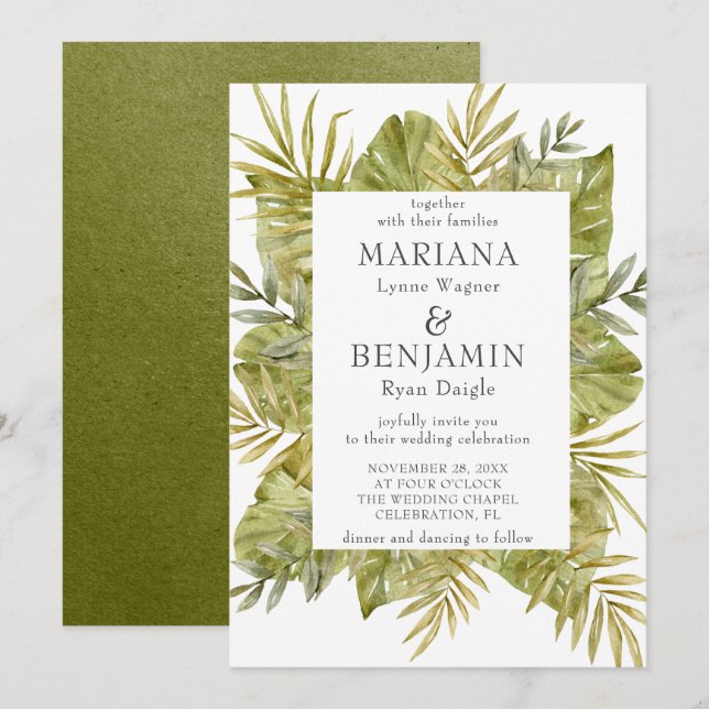 Modern Tropical Leaves Sage Green Invitation (Front/Back)