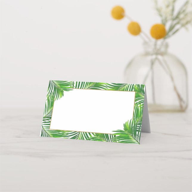 Modern Tropical Lush Palm Leaves with Gold Place Card (Front)