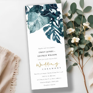 Modern Tropical Monstera Blue Foliage Wedding Invitation
