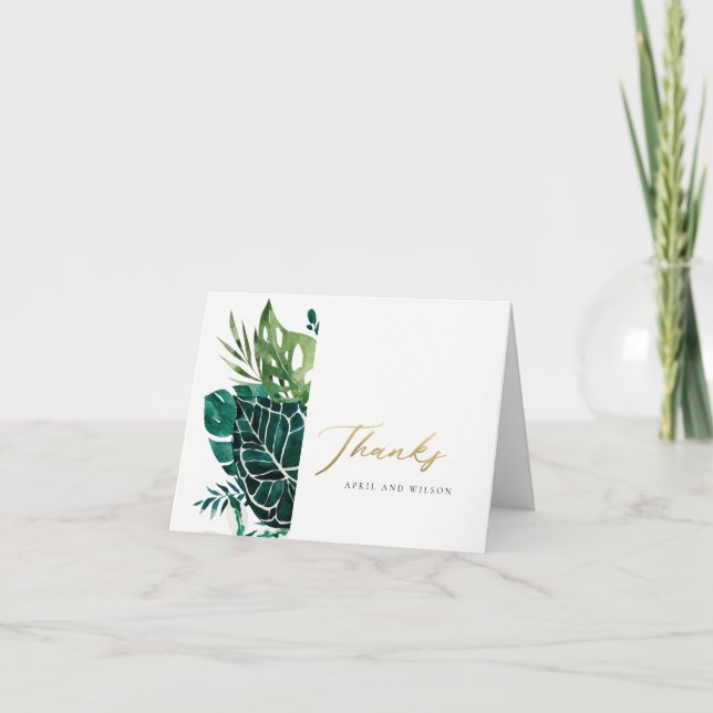 MODERN TROPICAL MONSTERA GREEN FOLIAGE WEDDING THANK YOU CARD (Front)