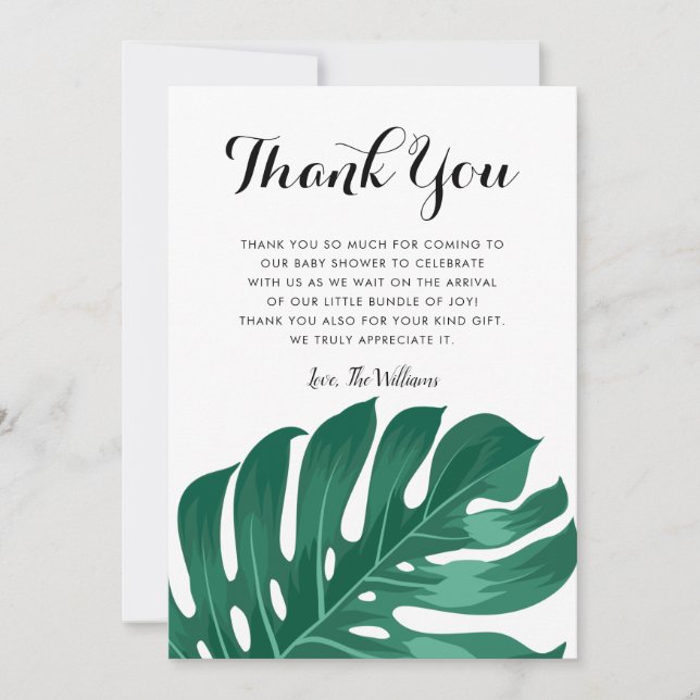 Modern Tropical Monstera Green Leaf Baby Shower Thank You Card (Front)