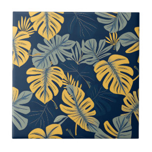 Modern Tropical Monstera Leaf Navy Gold Jungle Ceramic Tile
