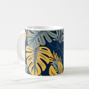 Modern Tropical Monstera Leaf Navy Gold Jungle Coffee Mug