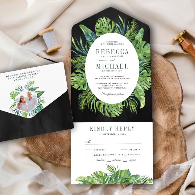 Modern Tropical Monstera Palm Leaves Black Wedding All In One Invitation (Creator Uploaded)