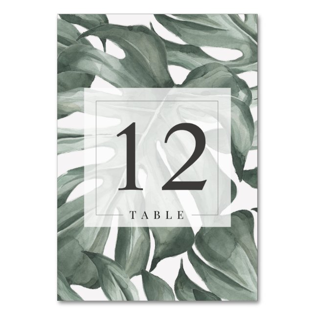 Modern Tropical Monstera Palm Leaves Wedding Table Number (Back)