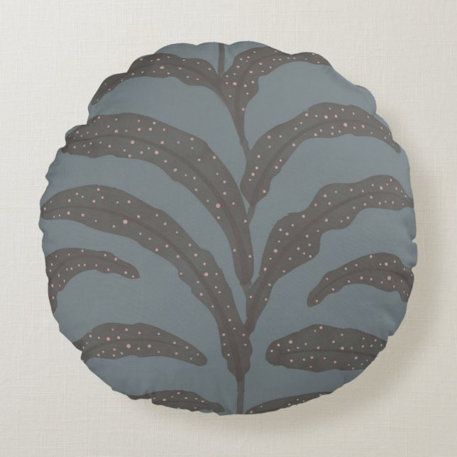 Modern Tropical Palm Leaf Pattern Charcoal Blush  Round Cushion (Front)