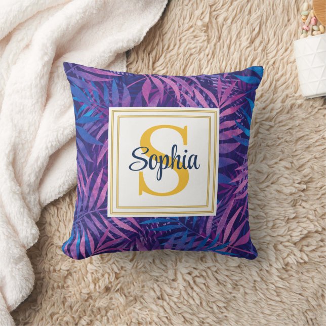 Modern Tropical Palm Leaf Script Name Monogram Cushion (Blanket)