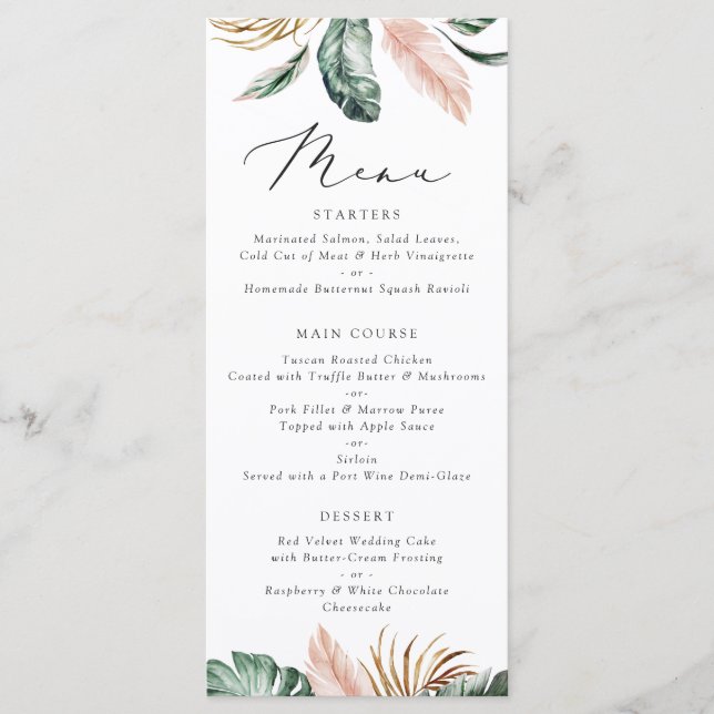 Modern Tropical Palm Leaf Typography Blush Wedding Menu (Front)