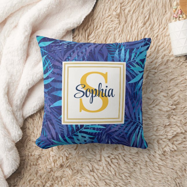 Modern Tropical Palm Leaves Custom Monogram Cushion (Blanket)