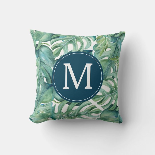 Modern Tropical Palm Leaves Monogram Cushion (Front)