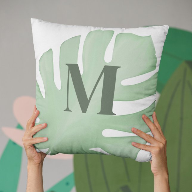 Modern Tropical Palm Leaves Monogram Cushion (Palm leaves monogram throw pillow.)