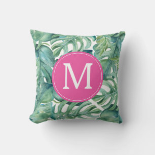 Modern Tropical Palm Leaves Monogram Cushion