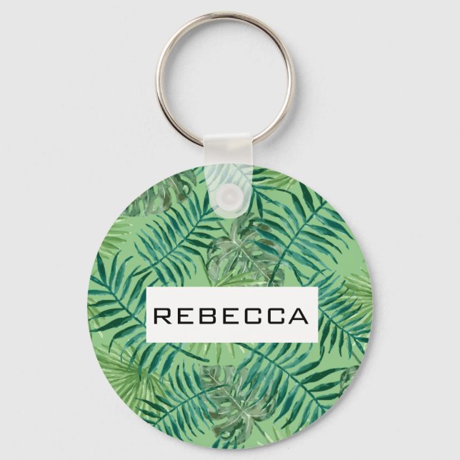 Modern Tropical Palm Leaves Monogram Keychain (Front)