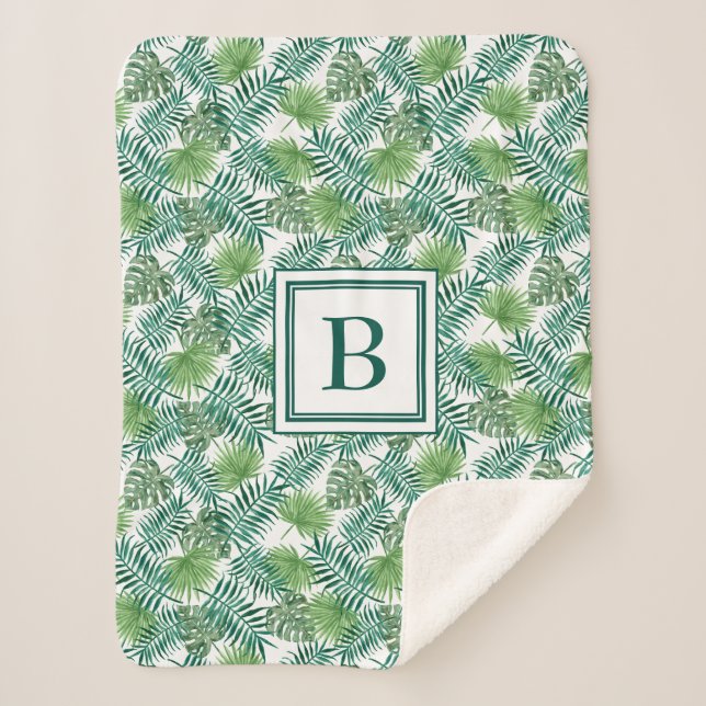 Modern Tropical Palm Leaves Monogram  Sherpa Blanket (Front)