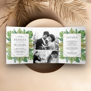 Modern Tropical Palm Leaves Photo Collage Wedding Tri-Fold Invitation