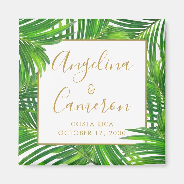Modern Tropical Palm Leaves Wedding Date Favour Magnet (Front)