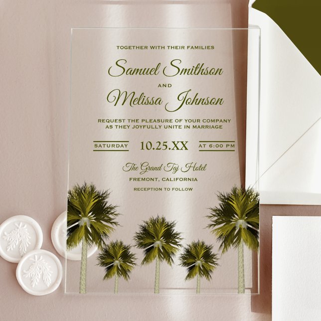 Modern Tropical Palm Tree Beach Wedding Acrylic Invitations (Creator Uploaded)