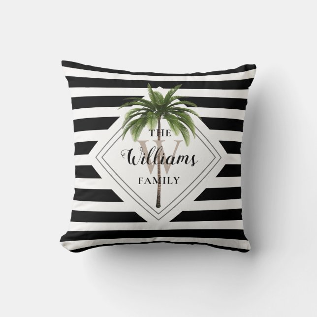 Modern Tropical Palm Tree Black And White Monogram Cushion (Front)