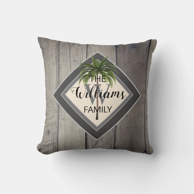 Modern Tropical Palm Tree Family Monogram Name Cushion (Front)