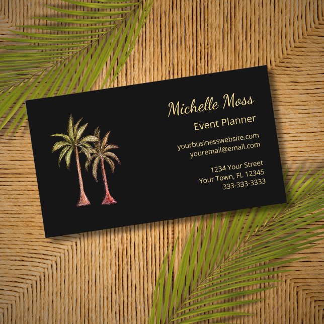 Modern Tropical Palm Trees Event Planner Black  Business Card (Creator Uploaded)