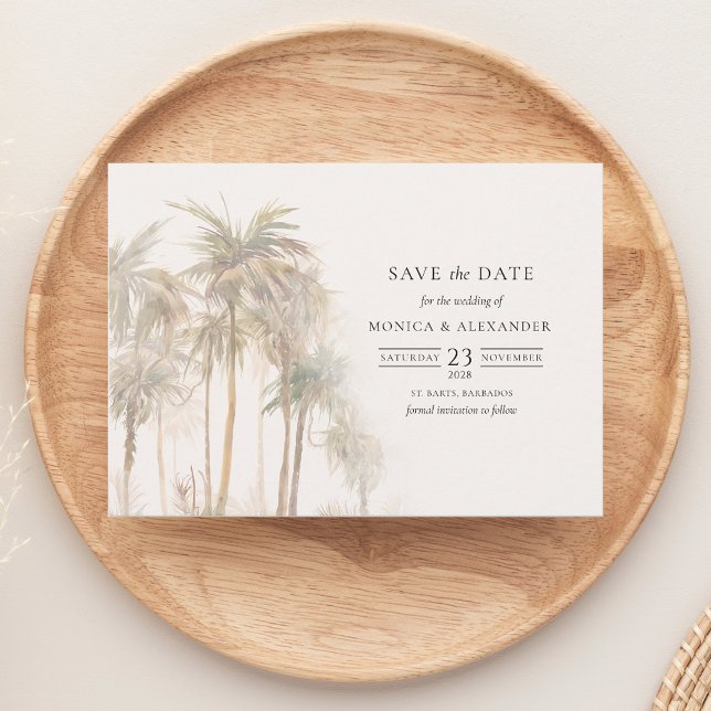 Modern Tropical Palm Trees Save The Date (Modern Palm Tree Tropical Watercolor Save the Date Wedding Announcement)