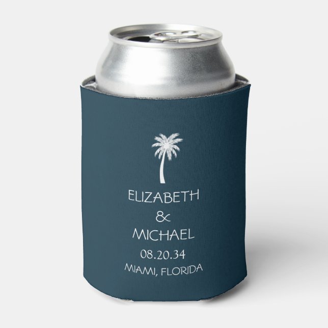 Modern Tropical Palm Trees Wedding Custom Can Cooler (Can Front)
