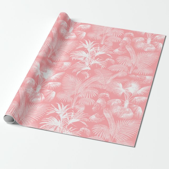 Modern Tropical Palm Trees White Pink Wrapping Paper (Unrolled)