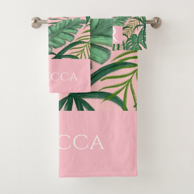 Modern Tropical Pattern Monogram Pink Towel Set (Insitu)