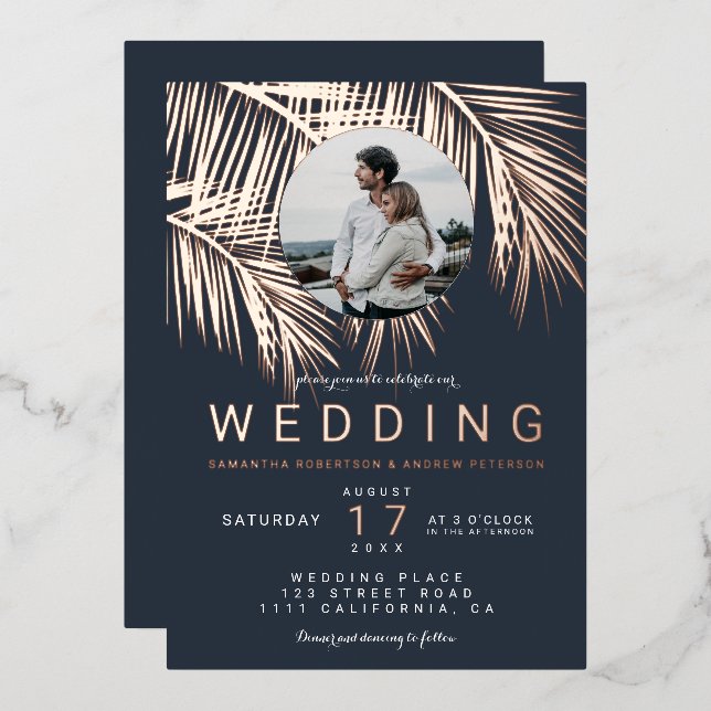 Modern tropical photo rose gold palm tree wedding (Front/Back)